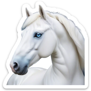 Cinematic Noble White Horse Portrait Emoji, Poised and regal, with a strong, athletic build and a pristine, well-groomed pure white fur, deep-set soulful blue eyes, Simplified yet sharp and sophisticated features, highly detailed, glowing with a soft, dignified glow, high shine, intelligent and majestic, stylized with an air of ethereal grace, focused and attentive, soft glowing outline, capturing the essence of a watchful and confident steed, so majestic it feels as though it could gallop out of the screen with effortless authority! sticker
