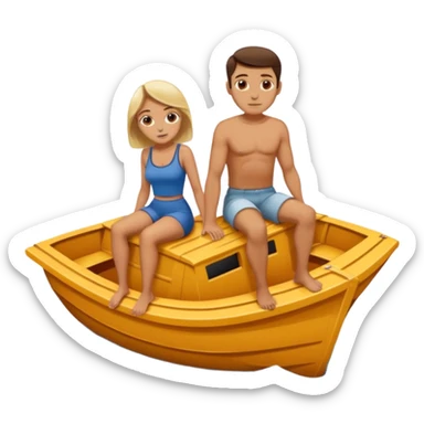 a boat sinking, upside down, with 2 people sitting on top trying to stay afloat. sticker