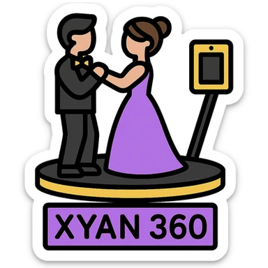 small simple icon of a bride and groom dancing on a 360 spin booth with an iPad as the camera for the booth, 'Xyan 360' signage, purple gold and black accents, luxury wedding event style sticker