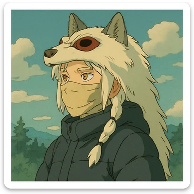 1 female, gold yellow eyes, white hair with a single long braid, wolf headdress, rag face covering, dark colored puffer parka, gazing into the distance sticker