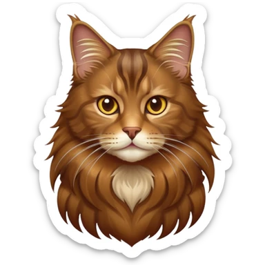cinematic-brown-maine-coon-cat-portrait-emoji,-elegant-and-alert,-sleek-brown-and-gold-tones-with-hints-of-deep-auburn,-simplified-yet-sharp-features,-highly-detailed,-glowing-with-a-warm,-confident-glow,-high-shine sticker