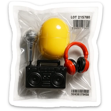 Kinder Surprise egg opened showing toys: microphone, boombox, headphones, shiny and inflated vacuum-sealed style sticker