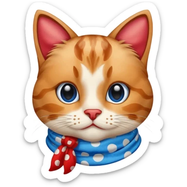 Apple Emoji-style cat head with calico fur pattern, no glasses, red scarf with white polka dots, and large blue eyes. The emoji should only feature the cat's head with no additional body parts. sticker