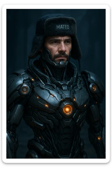 Mateo in a mech suit with a shapka hat on top, blending human and machine features, futuristic and creative sticker