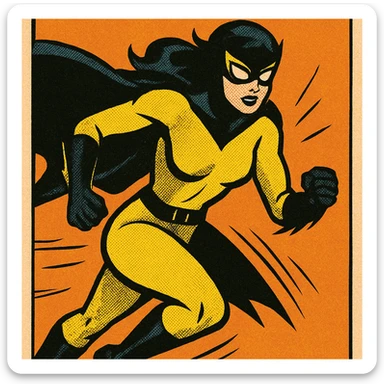 superheroine costume, yellow and black color scheme, dynamic pose, sleek and modern design, mask and cape, bold and confident, comic book style sticker