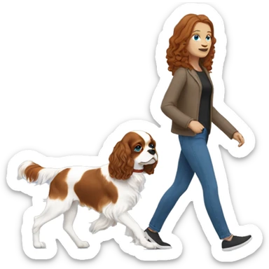 A white woman with blue eyes walks with a cavalier King Charles spaniel sticker