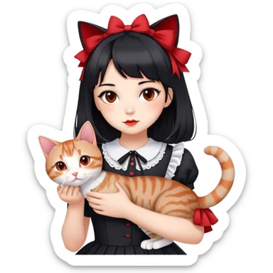 girl wearing black Lolita style dress, with medium-length black hair with red tips, and an American Shorthair tabby cat sticker