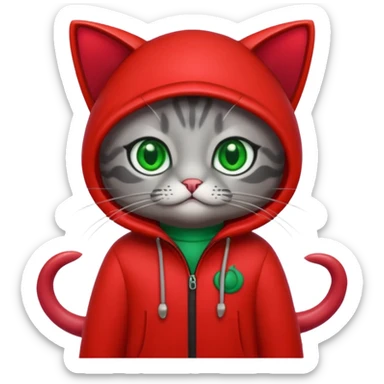 Grey cat with green eyes, wearing squid game outfit sticker