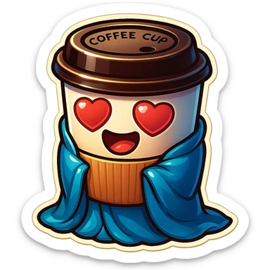 Ink wash style, coffee cup creature, big heart eyes, dopey smile sticker