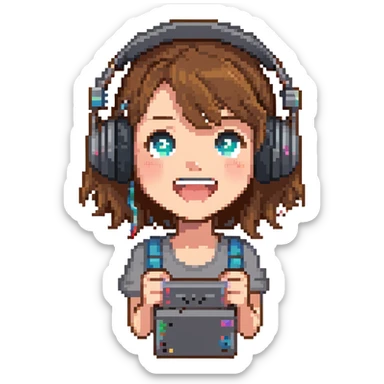 brown-haired gamer girl, excited expression, headphones, head only, emote sticker