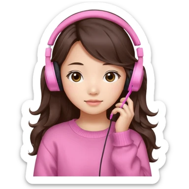 a asian japanese girl with wavy long silky brown hair and no bangs. the right side of hair is set on her shoulder she has a cute pink gaming headphones. she is wearing a cute pink sweater  sticker