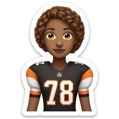 Girl with long brown hair, light skin, wearing orange and black Bengals football jersey sticker