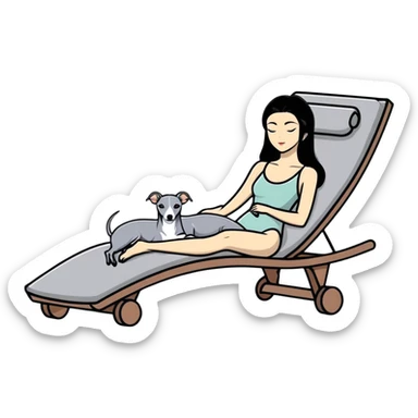 Very thin Chinese woman with long black hair relaxing on a spa lounger with exactly ONE Italian greyhound that is COMPLETELY solid grey - IMPORTANT: the dog must be ENTIRELY ONE UNIFORM GREY COLOR with ABSOLUTELY NO WHITE MARKINGS ANYWHERE - no white on face, no white on chest, no white on paws, nothing but pure grey throughout the entire dog sticker