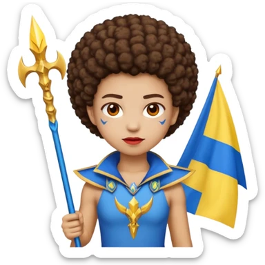 Emoji metisse femboy mais plus masculin avec drapeau ukrainien arriere plan, un afro, sourcils rouge, fourche trident, et eclairs et sur fond bleu clair irrisé. Peau lightskin, yeux marron et cheveux marron bouclés mais en mode afro pixi cut sticker