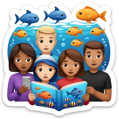 des gens qui lisent un panneau afin d'en apprendre plus sur la vie marine  sticker