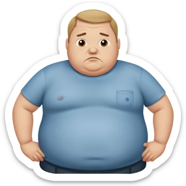 a cartoon fat man holding his stomach wearing t shirt, while looking confused?  sticker