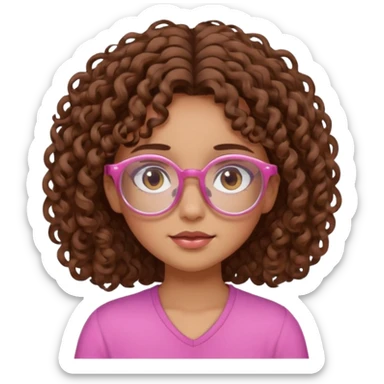 Curly brown haired girl with brown eyes, transparent-pink glasses frames, sleepy, slightly tan skin sticker