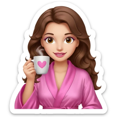 girl with long wavy brown hair, brown eyes, long lashes makeup, sexy pink lips, light to medium complexion, wearing a pink sexy silk top, smiling in a cozy pink robe drinking coffee sticker