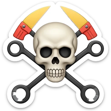 stylized skull and crossbones with a round saw blade, emoji style sticker