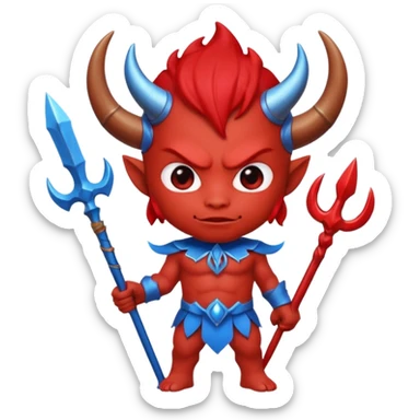 a Red devil, short horn Chibi red demon hold a blue trident sticker