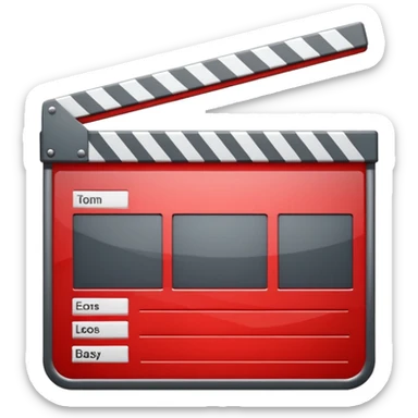 Glossy bright red clapperboard in the classic style of Apple icons: the top bar is tilted up-left, the body and bar with a deep glossy glare, dark gray edging, black background inside, perfectly square with rounded corners. sticker