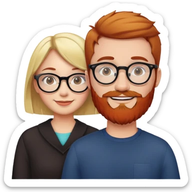 Girl with short dark brown hair and round glasses smiling next to man with blonde hair and red beard. sticker