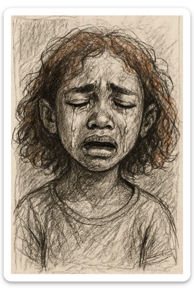 brown-skinned girl with shoulder-length curly reddish hair, crying, pencil sketch style sticker