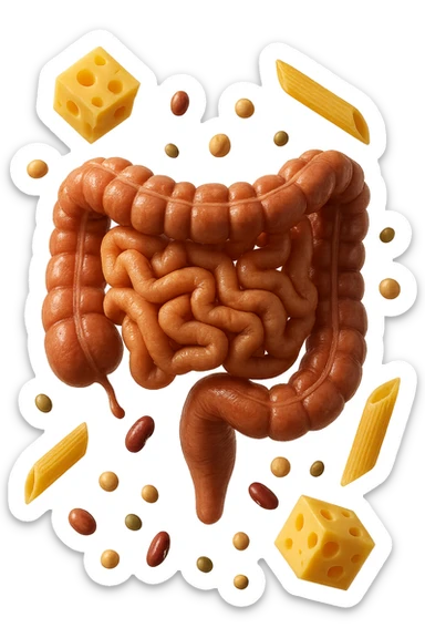 PEZZETTI DI EMMENTAL, PENNE DI PASTA RIGATE E LEGUMI FLUTTUANO INTORNO AD UN INTESTINO UMANO ANATOMICO REALISTICO, iperrealistico 4k sticker