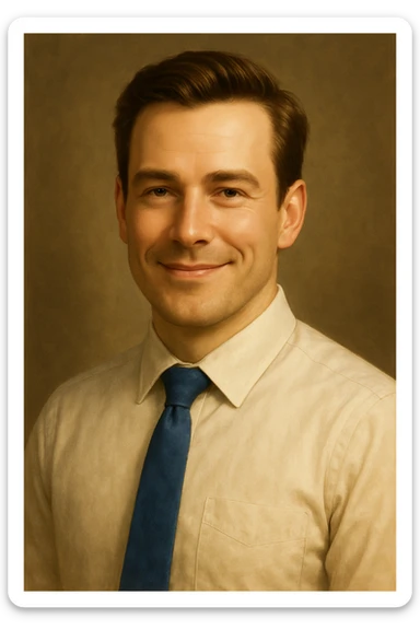 Make the professional looking white pale man with brown hair smile, keep formal shirt, confident expression, semi-realistic digital art style. sticker