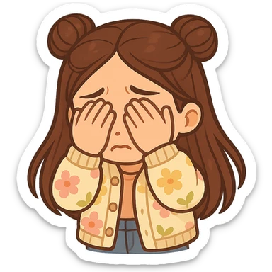 Create a chibi sticker of the girl from the reference image. She has brown straight hair styled in double buns, brown eyes, wearing a pastel floral cardigan and jeans. She is covering her eyes in fear. The sticker should have a white outline and a transparent background, sized 512x512px. sticker