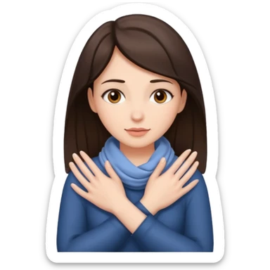 a brunette woman with her hands wrapped fully around her neck sticker