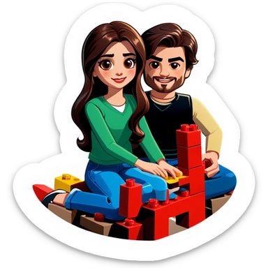 A handsome young man with dark hair, a little heavy sits with his girlfriend with cascading, dark brown hair, flowing down her face as they sit together playing Legos sticker