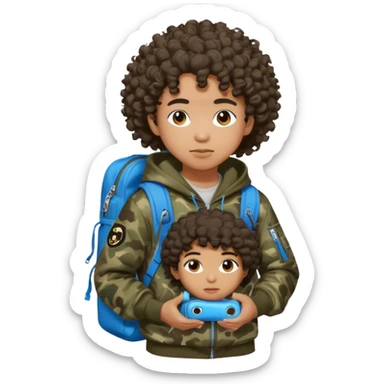 blasian teenager with curly hair, andbape hoodie and sprayground backpack sticker