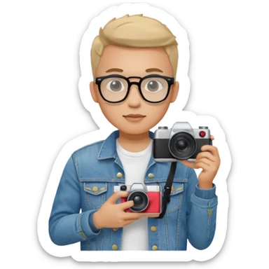 Young male, holding camera, jean jacket with white t-shirt inside, glasses


 sticker