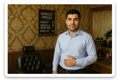 Draw me a picture of a barbershop that looks like this guy working in a barbershop. The barbershop doesn't have to be very modern. It should be on a medium floor. Also draw a blackboard on the wall. It should have the prices for haircuts there. sticker