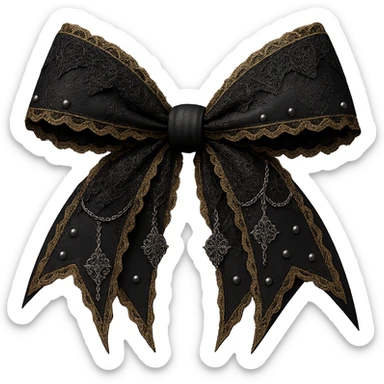 Make the blue gothic bow even more dramatic: larger, with exaggerated pointed ends, extra lace, and ornate silver chains. Keep the background transparent. Maintain the gothic style and intricate details. sticker