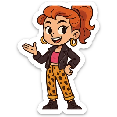 confident, fashionable girl character, stylish and bold, wearing trendy clothes, cheerful expression, cartoon style sticker