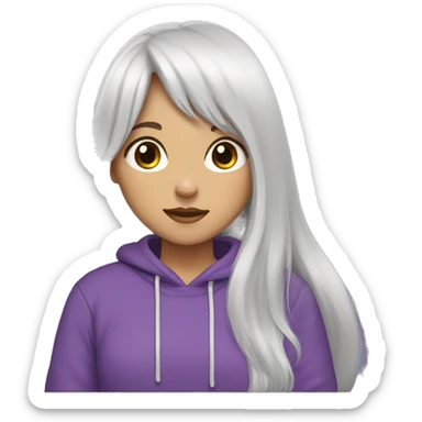 a girl with long white hair with bangs, brown eyes, wearing a purple sweatshirt sticker