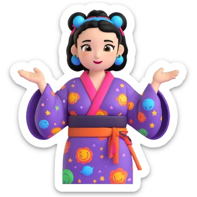 confident emoji character, black hair in big space buns, colorful kimono dress with belt, winged eyeliner, empowered smirk, expressive hand gesture, quirky and energetic vibe sticker