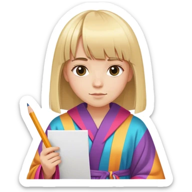 young very happy artist with straight blonde hair and bangs, with pencil ad paper and colorated robe sticker