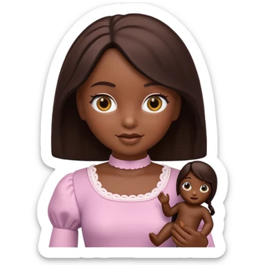 Boneca digital em estilo 3D realista e fofo, semelhante a uma boneca colecionável. Mulher jovem com pele negra, olhos castanhos escuros, cabelo liso cor chocolate, longo e bem alinhado.  sticker