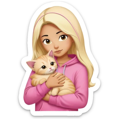 pretty woman wear pink hoodie and her hair is black..hugs a blonde kitten  sticker