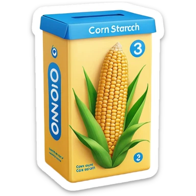 cornstarch box, rectangular, yellow with blue accents, rounded edges, corn cob illustration, green leaves, 'CORN STARCH' in bold red, smooth glossy packaging, minimal, clean 3D, soft shadows, transparent background, emoji scale sticker