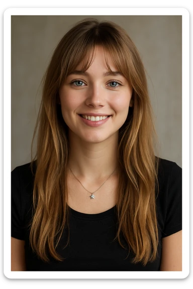 upper body of a smiling girl with blue eyes, dirty blonde long hair, curtain bangs, small silver star necklace sticker