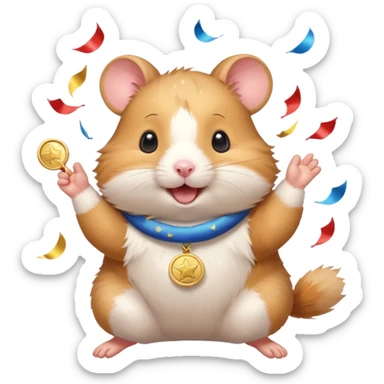 Cute cartoon-style hamster throwing confetti, holding a tiny medal, joyful expression. Painterly shading, white background, sticker-style illustration sticker