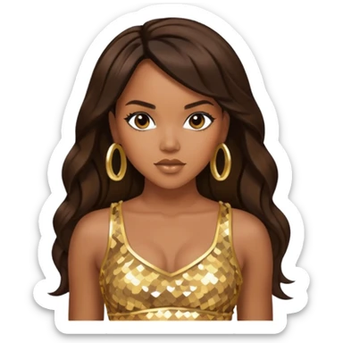 LeToya Luckett with long dark brown hair, gold sequin crop top  sticker