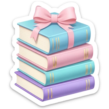 stacked pastel books with soft shadows, gentle sparkle, minimalistic clean girl vibe with a bow on top sticker