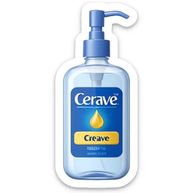 White CeraVe bottle with blue label and yellow “AM” badge, topped with a pump. Surrounded by radiant sun sparkles, soft UV-deflecting light rings, and a blue protective glow. Feels like a daytime skin shield potion in a sleek, glossy bottle. sticker