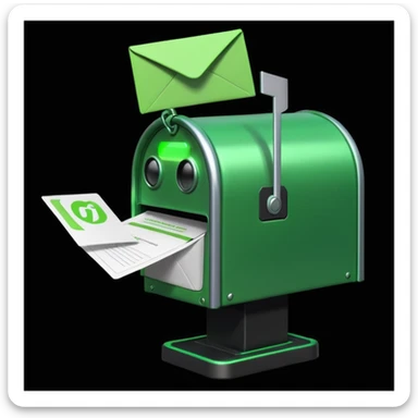 green mailbox robot, slightly smaller object in the center, black background, glowing green details, white envelope with code inside, modern tech aesthetic

 sticker