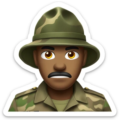 drill sergeant character wearing a classic sergeant hat and a camouflage army shirt. The character should have an angry intense expression. full torso sticker
